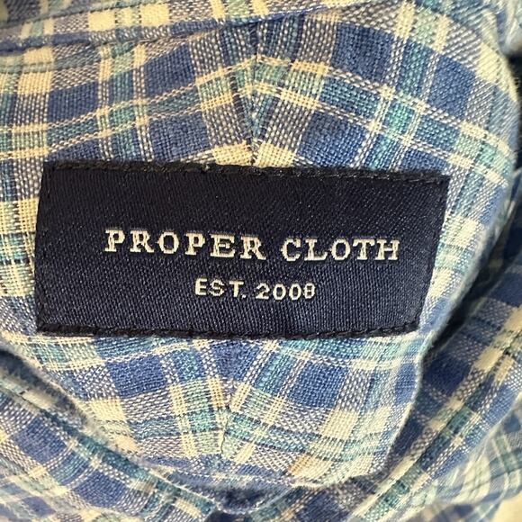 Proper Cloth Shirt Mens Large Blue Plaid Linen Button Down Long Sleeve Casual - Picture 4 of 7
